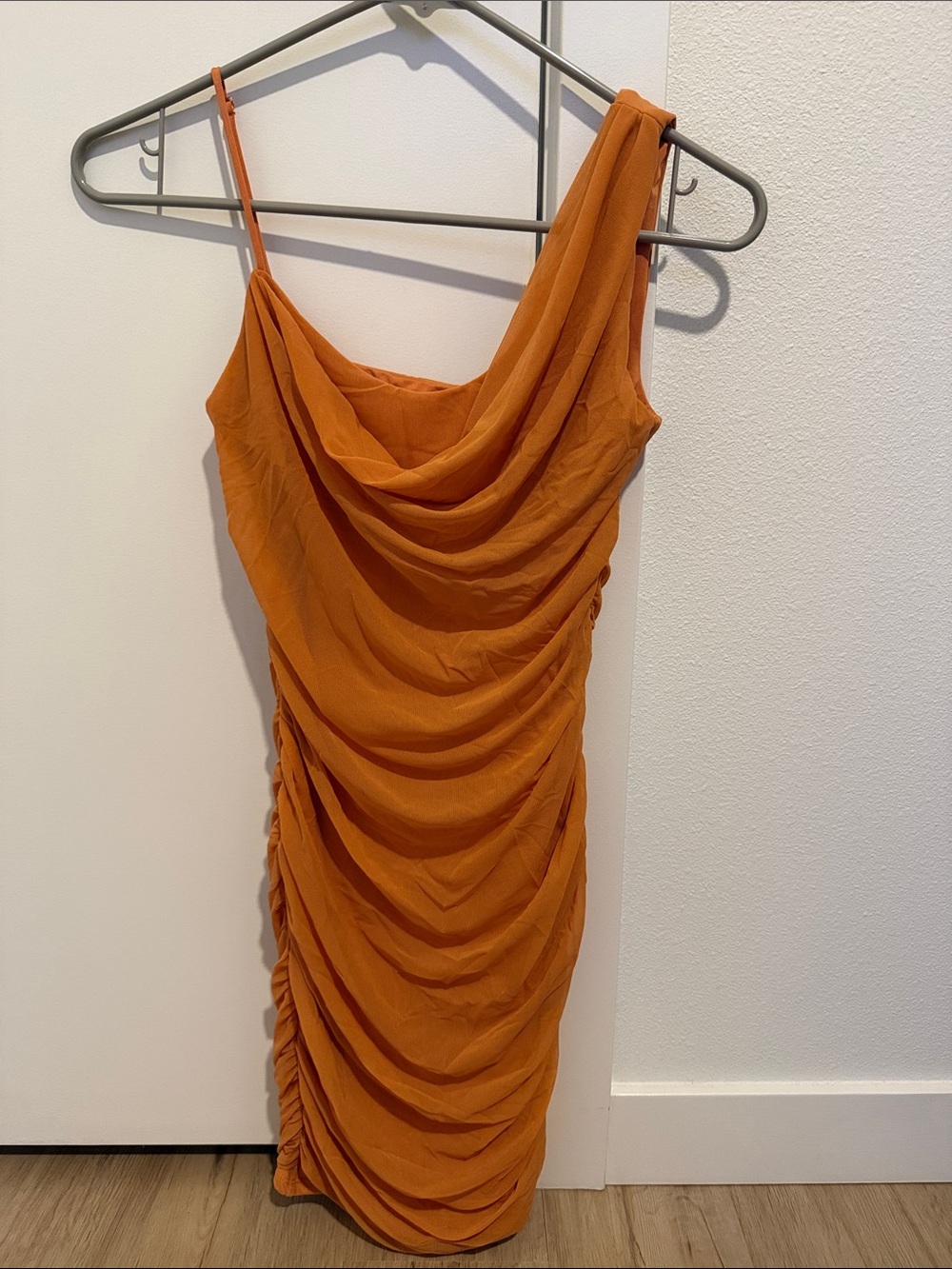 Oh Polly One-Shoulder Draped Orange Bodycon Dress